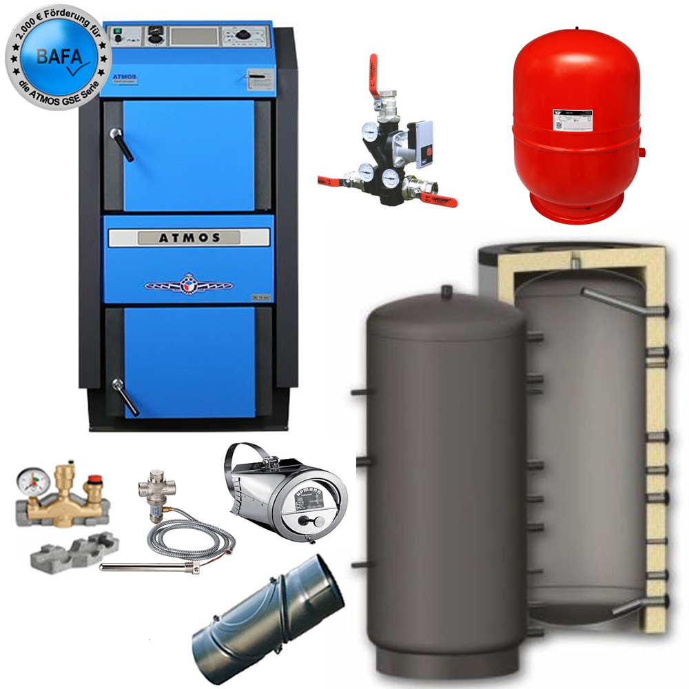 Atmos Holzvergaser Paket DC 30 GSE Holzkessel Pufferspeicher 2x 1000 L Laddomat