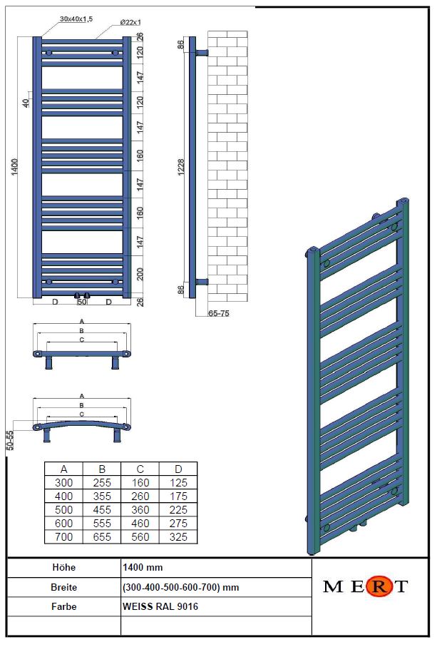 Badheizkörper Standard weiss 1-60x140-M