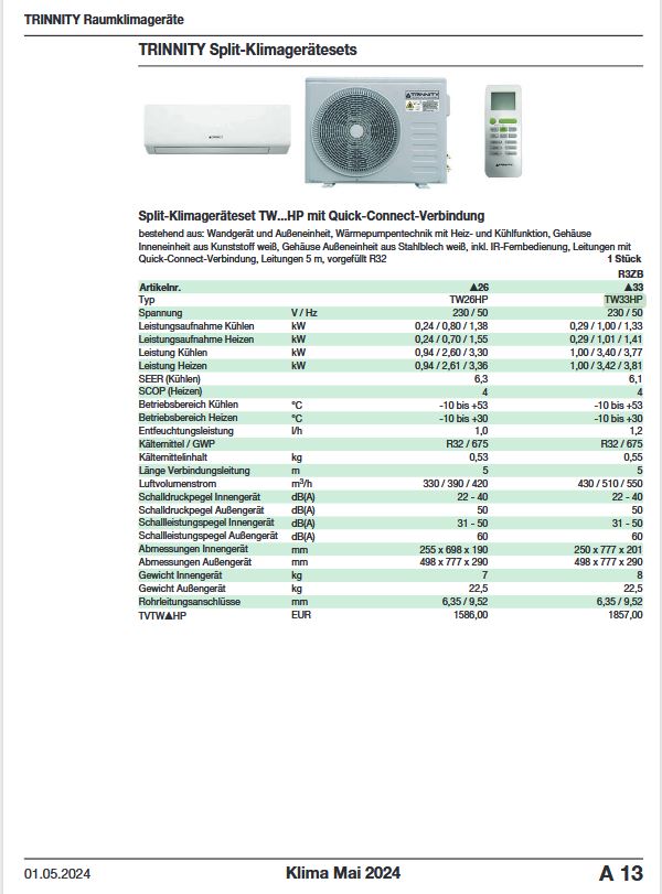 Trinnity Split Klimaanlage Klimagerät TW33HP 3,4 kW Kupferleitung Quick Connect