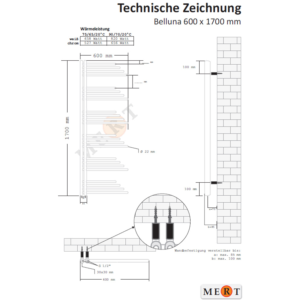 MERT Design Heizkörper BELLUNA  weiß, 500*1000 mm, mit Mittelanschluss
