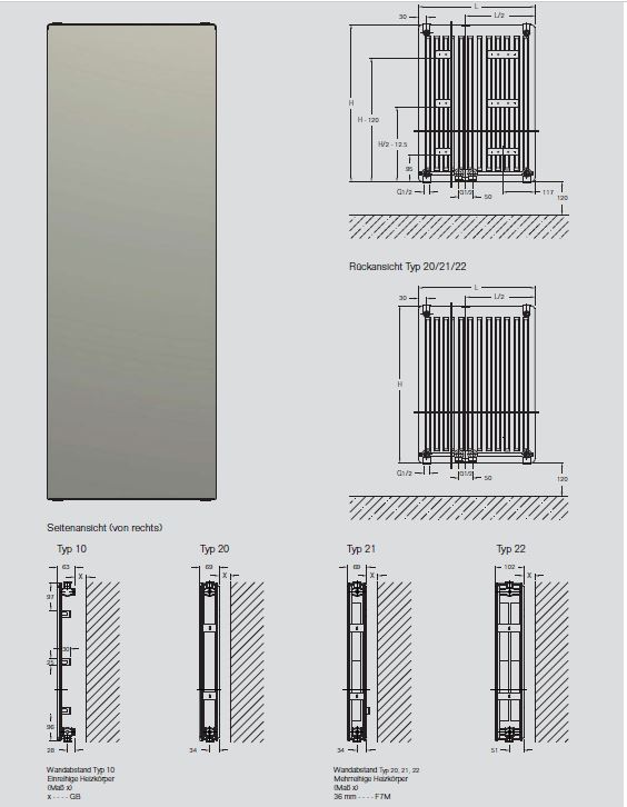 Buderus Vertikalheizkörper CV Plan Größe: Typ 22 / Höhe 2400 mm x Breite 500 mm