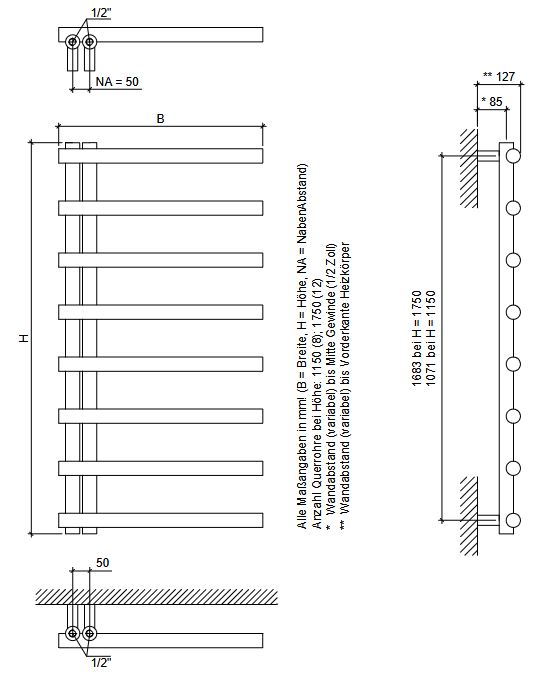 Corpotherma Badheizkörper Parcia Up Chrom 1150 x 600 x 63 mm Designheizkörper