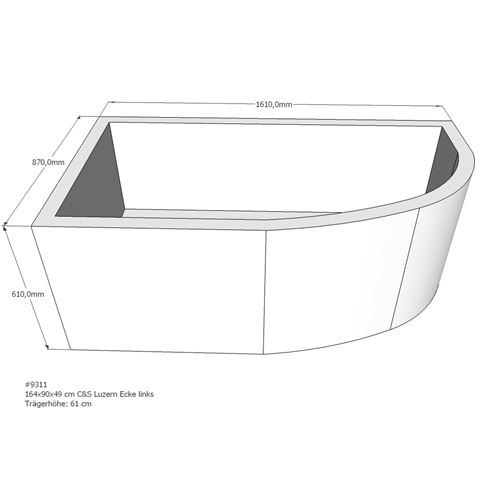 Acryl Raumsparwanne Luzern links 164 x 90 cm weiß Wanne Styropor Wannenträger