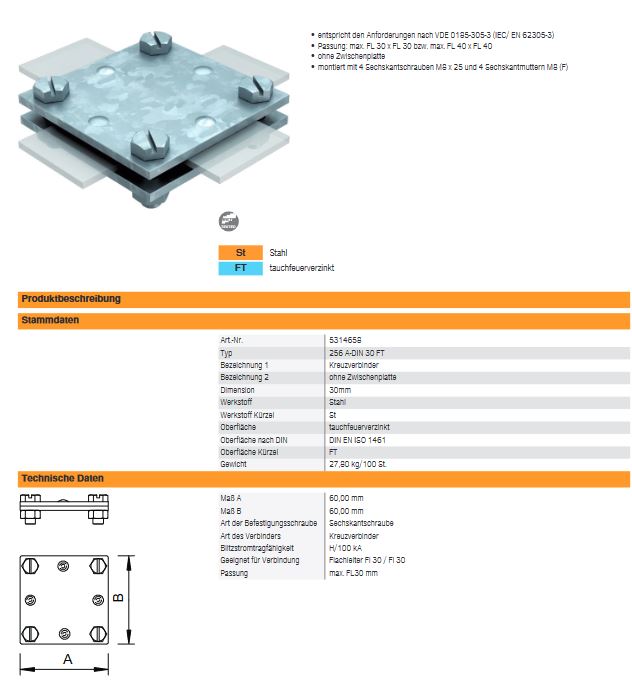 OBO Blitzschutz Kreuzverbinder flach für Flachleiter 30mm ohne Zwischenplatte