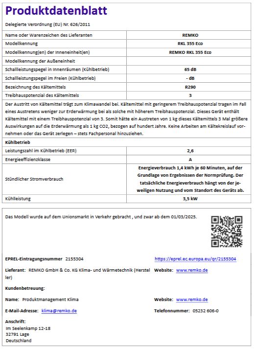 Remko mobiles Raumklimagerät RKL 355 Eco Kompakt weiß 3,5 kW R290 1608355