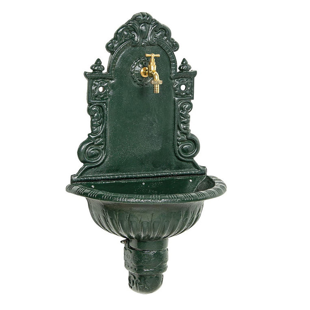 Wandbrunnen aus Graugus grün mit Messing-Auslaufventil