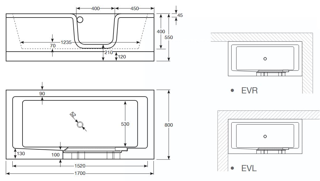 Acryl Badewanne Kombiwanne Puerta 170x80x40 cm links weiß mit Tür rechts