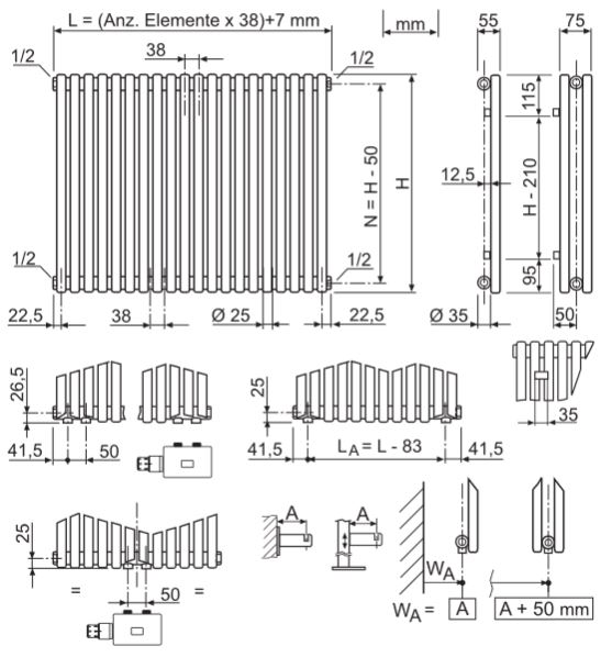 BEMM Krera Stahl Röhrenradiator Röhrenheizkörper Glieder Radiator Heizkörper