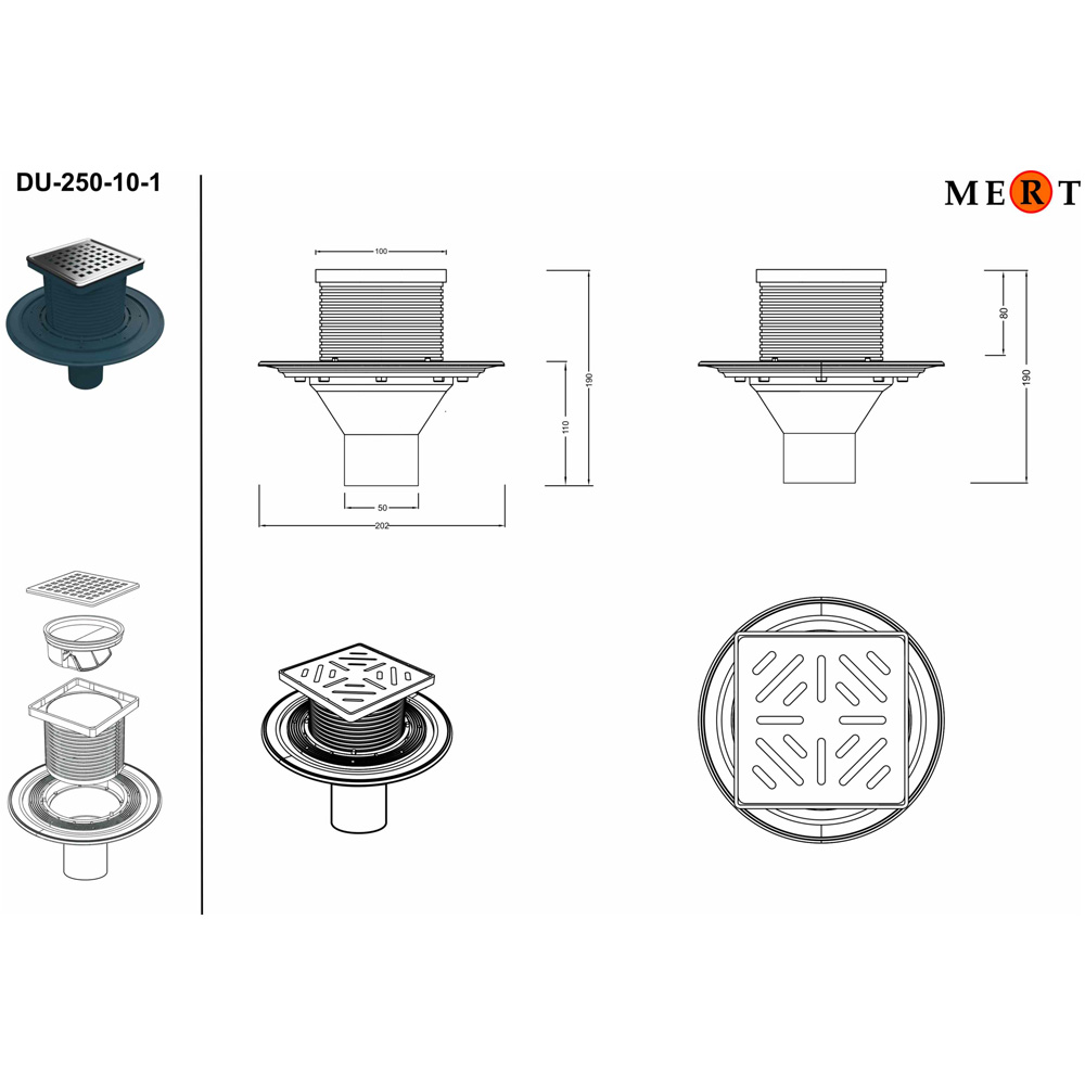 MERT Flach Bodenablauf Duschablablauf 100 x 100 mm Edelstahlrost DU-250-10-1