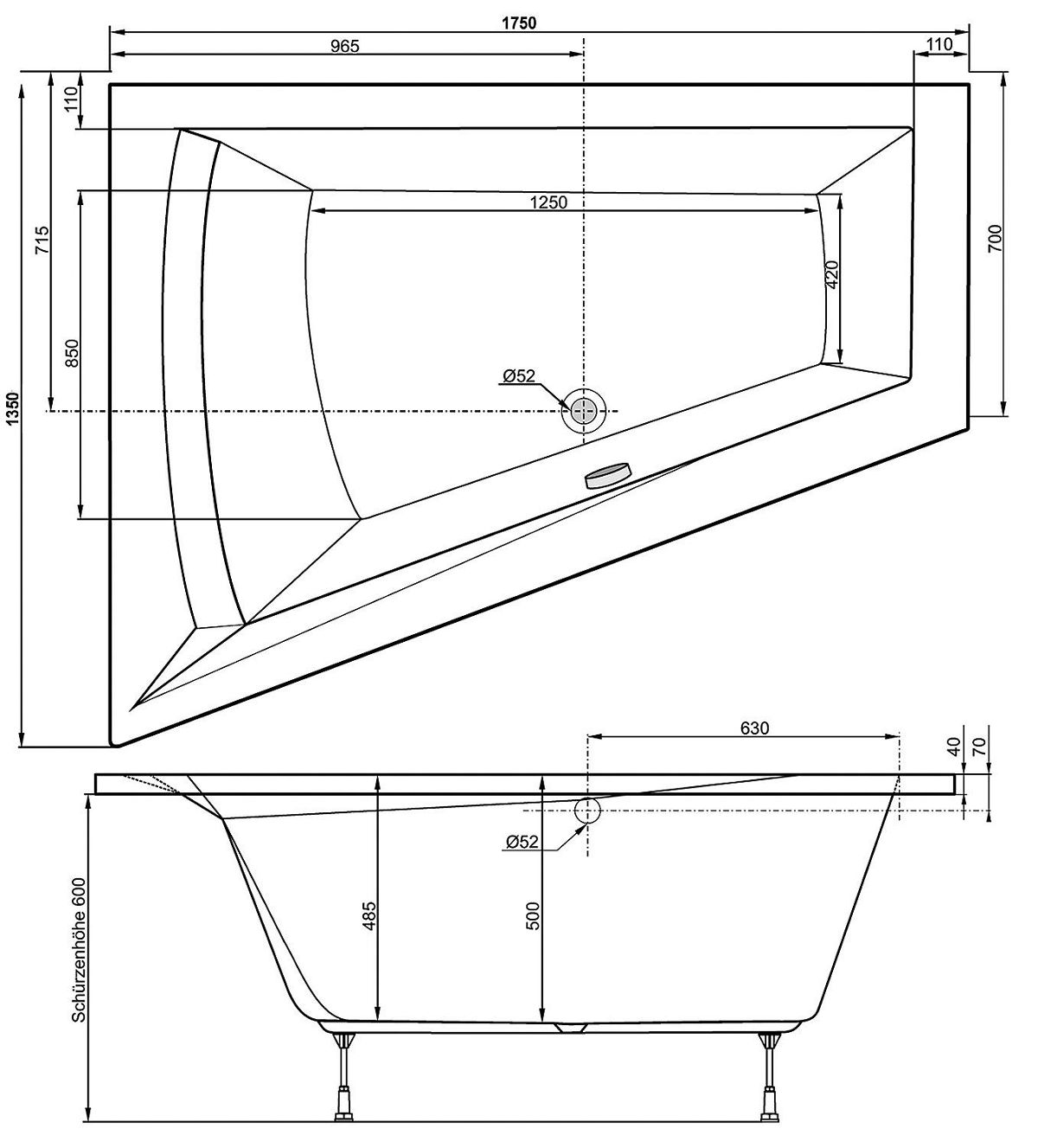 Raumspar Badewanne LAGO II links 175 x 500 x 1350/700 mm Acryl weiß Träger