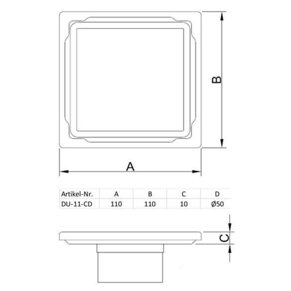 MERT Flach Bodenablauf Duschablablauf 110x110 mm Glas Abdeckung Weiss