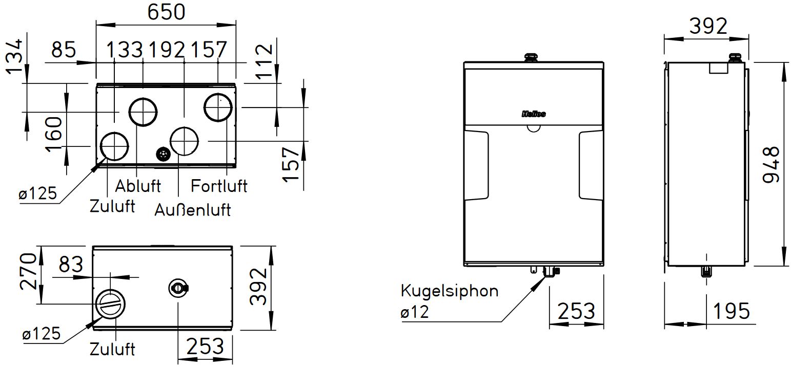 Helios Lüftungsgerät KWL 250 W mit WRG Auto-Bypass Web-Server Wohnraumlüftung
