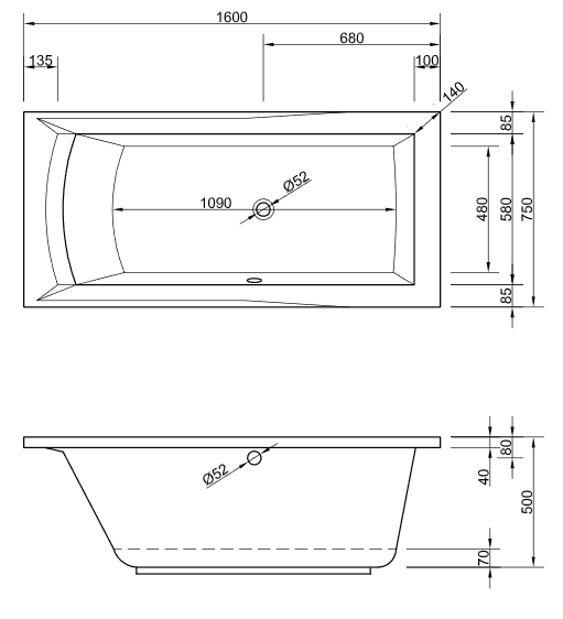 Acryl Badewanne Dora 160 x 75 cm links weiß Wanne Styropor Wannenträger rechteck